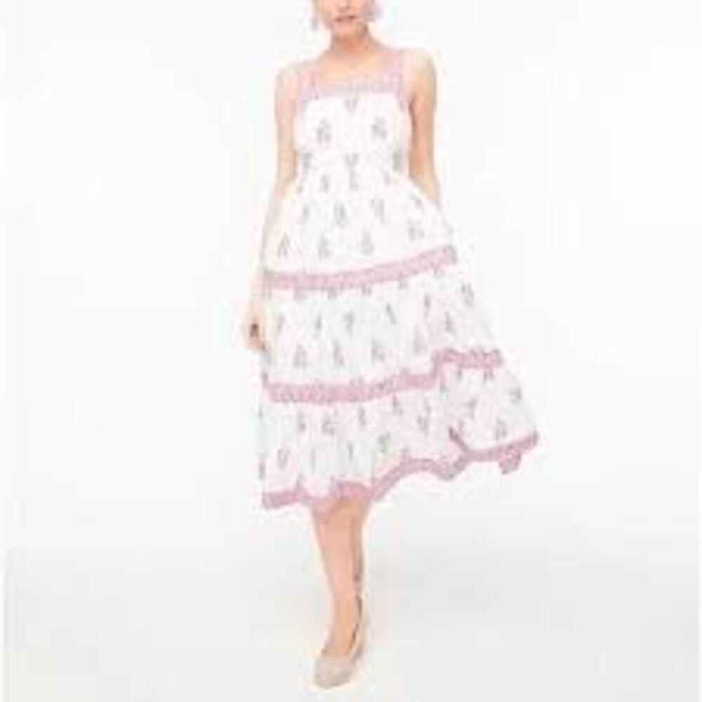 J. Crew Block Print Square Neck Tiered MIDI Dress Sz 12 Cottagecore